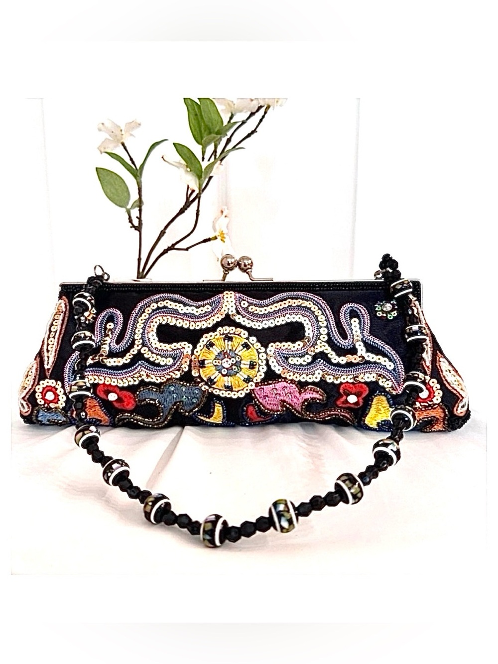 CHATEAU ~ Handmade Embroidered Sequined Black Satin Clutch with Beaded Strap